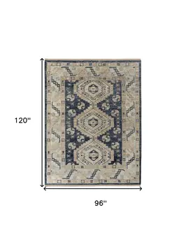 8' X 10' Blue and Ivory Wool Geometric Hand Knotted Area Rug With Fringe
