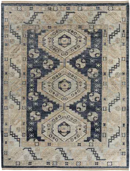 9' X 12' Blue and Ivory Wool Geometric Hand Knotted Area Rug With Fringe