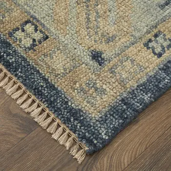 10' Blue and Ivory Wool Geometric Hand Knotted Runner Rug With Fringe