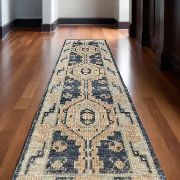 10' Blue and Ivory Wool Geometric Hand Knotted Runner Rug With Fringe