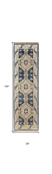 10' Blue and Ivory Wool Geometric Hand Knotted Runner Rug With Fringe