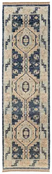 14' Blue and Ivory Wool Geometric Hand Knotted Runner Rug With Fringe