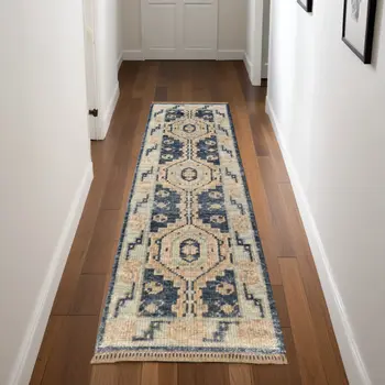 8' Blue and Ivory Wool Geometric Hand Knotted Runner Rug With Fringe