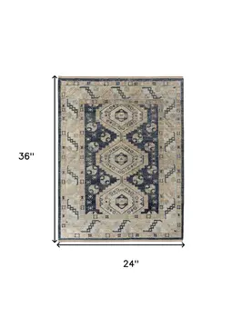 2' X 3' Blue and Ivory Wool Geometric Hand Knotted Area Rug With Fringe