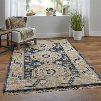 3' X 5' Gray and Brown Wool Geometric Hand Knotted Area Rug With Fringe