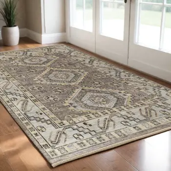 3' X 5' Gray and Brown Wool Geometric Hand Knotted Area Rug With Fringe