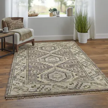 3' X 5' Gray and Brown Wool Geometric Hand Knotted Area Rug With Fringe