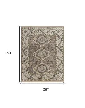3' X 5' Gray and Brown Wool Geometric Hand Knotted Area Rug With Fringe