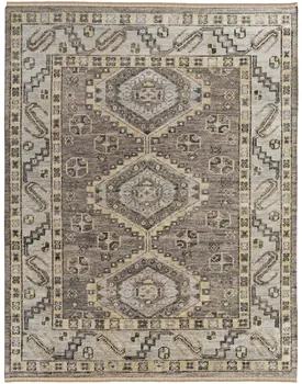 3' X 5' Gray and Brown Wool Geometric Hand Knotted Area Rug With Fringe