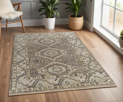 4' X 6' Gray and Brown Wool Geometric Hand Knotted Area Rug With Fringe