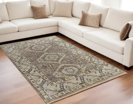 5' X 8' Gray and Brown Wool Geometric Hand Knotted Area Rug With Fringe
