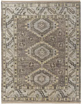 9' X 12' Gray and Brown Wool Geometric Hand Knotted Area Rug With Fringe