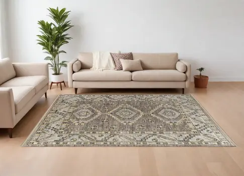 10' X 14' Gray and Brown Wool Geometric Hand Knotted Area Rug With Fringe