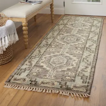 12' Ivory Gray and Brown Wool Geometric Hand Knotted Runner Rug With Fringe