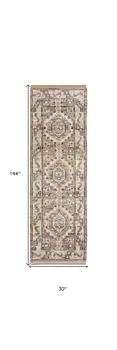 12' Ivory Gray and Brown Wool Geometric Hand Knotted Runner Rug With Fringe