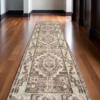 14' Ivory Gray and Brown Wool Geometric Hand Knotted Runner Rug With Fringe