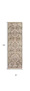 14' Ivory Gray and Brown Wool Geometric Hand Knotted Runner Rug With Fringe