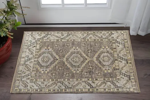 2' X 3' Gray and Brown Wool Geometric Hand Knotted Area Rug With Fringe