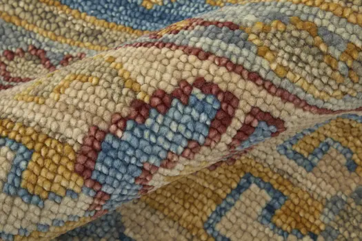 4' X 6' Blue Red and Yellow Wool Geometric Hand Knotted Area Rug With Fringe