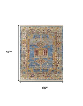 5' X 8' Blue Red and Yellow Wool Geometric Hand Knotted Area Rug With Fringe