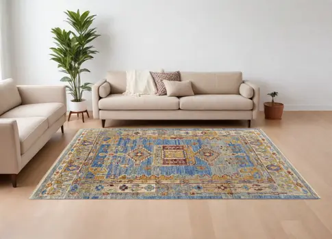 8' X 10' Blue Red and Yellow Wool Geometric Hand Knotted Area Rug With Fringe