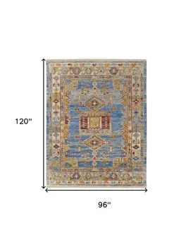 8' X 10' Blue Red and Yellow Wool Geometric Hand Knotted Area Rug With Fringe