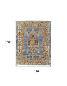 10' X 14' Blue Red and Yellow Wool Geometric Hand Knotted Area Rug With Fringe