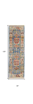 10' Blue Red and Yellow Wool Geometric Hand Knotted Runner Rug With Fringe