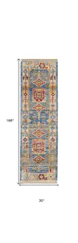 14' Blue Red and Yellow Wool Geometric Hand Knotted Runner Rug With Fringe
