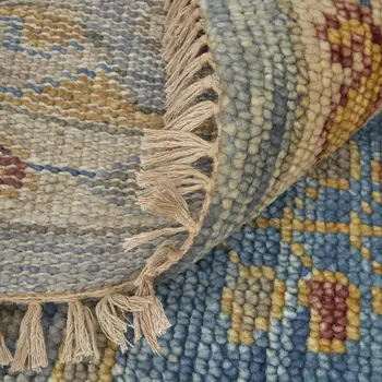 8' Blue Red and Yellow Wool Geometric Hand Knotted Runner Rug With Fringe