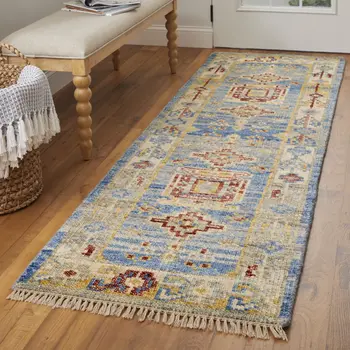 8' Blue Red and Yellow Wool Geometric Hand Knotted Runner Rug With Fringe