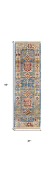 8' Blue Red and Yellow Wool Geometric Hand Knotted Runner Rug With Fringe