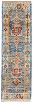 8' Blue Red and Yellow Wool Geometric Hand Knotted Runner Rug With Fringe