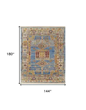 12' X 15' Blue Red and Yellow Wool Geometric Hand Knotted Area Rug With Fringe
