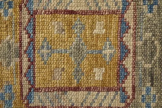2' X 3' Blue Red and Yellow Wool Geometric Hand Knotted Area Rug With Fringe