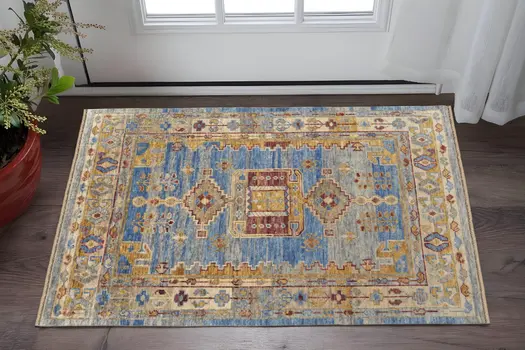 2' X 3' Blue Red and Yellow Wool Geometric Hand Knotted Area Rug With Fringe