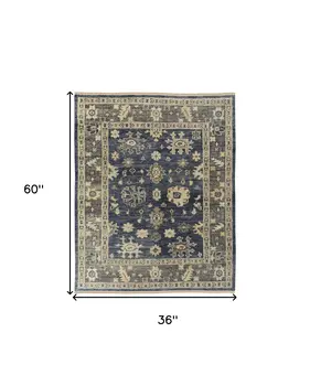 3' X 5' Blue and Gray Wool Floral Hand Knotted Area Rug With Fringe