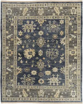 5' X 8' Blue and Gray Wool Floral Hand Knotted Area Rug With Fringe