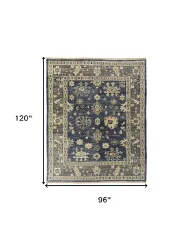8' X 10' Blue and Gray Wool Floral Hand Knotted Area Rug With Fringe