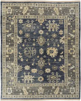 8' X 10' Blue and Gray Wool Floral Hand Knotted Area Rug With Fringe