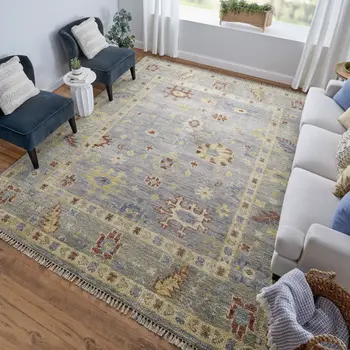 9' X 12' Blue and Gray Wool Floral Hand Knotted Area Rug With Fringe