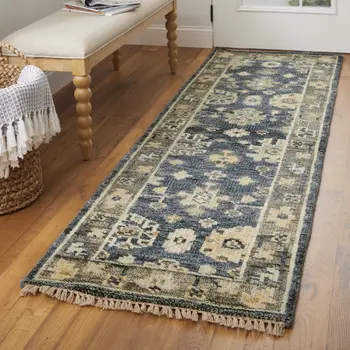 12' Blue and Gray Wool Floral Hand Knotted Runner Rug With Fringe