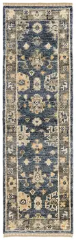 14' Blue and Gray Wool Floral Hand Knotted Runner Rug With Fringe
