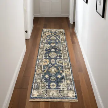 8' Blue and Gray Wool Floral Hand Knotted Runner Rug With Fringe