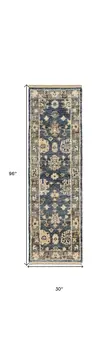 8' Blue and Gray Wool Floral Hand Knotted Runner Rug With Fringe