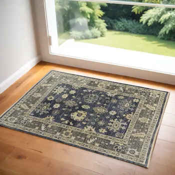 2' X 3' Blue and Gray Wool Floral Hand Knotted Area Rug With Fringe