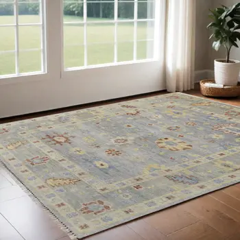 3' X 5' Light Blue and Taupe Wool Floral Hand Knotted Area Rug With Fringe