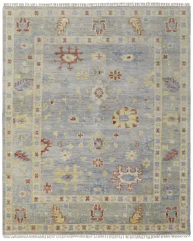 4' X 6' Light Blue and Taupe Wool Floral Hand Knotted Area Rug With Fringe