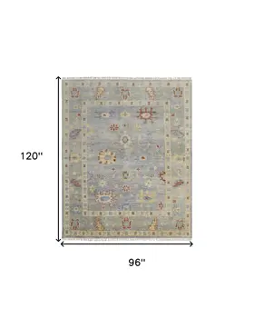 8' X 10' Light Blue and Taupe Wool Floral Hand Knotted Area Rug With Fringe