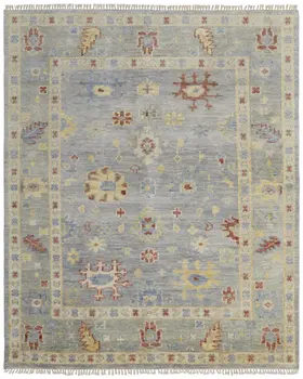 8' X 10' Light Blue and Taupe Wool Floral Hand Knotted Area Rug With Fringe